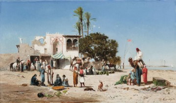  Huguet Oil Painting - Marche au bord du Nil Victor Huguet Orientalist